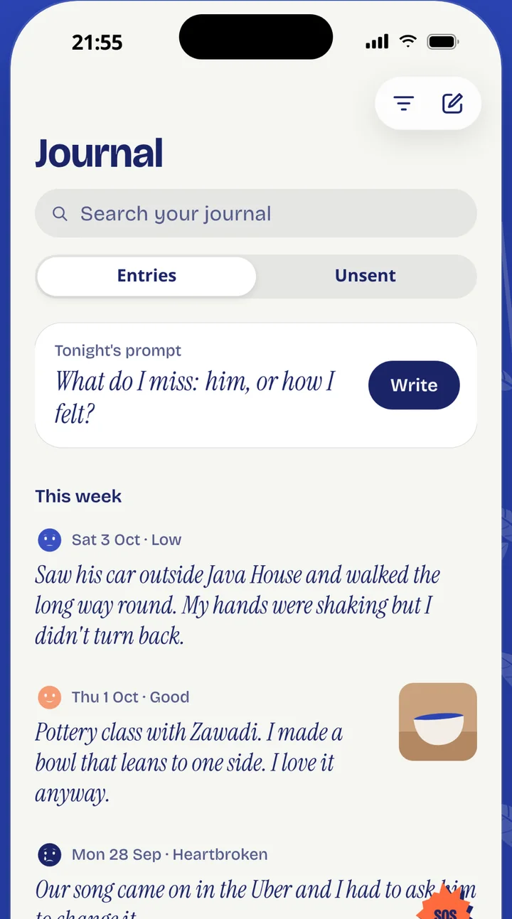 The Lumi journal with a prompt and recent entries